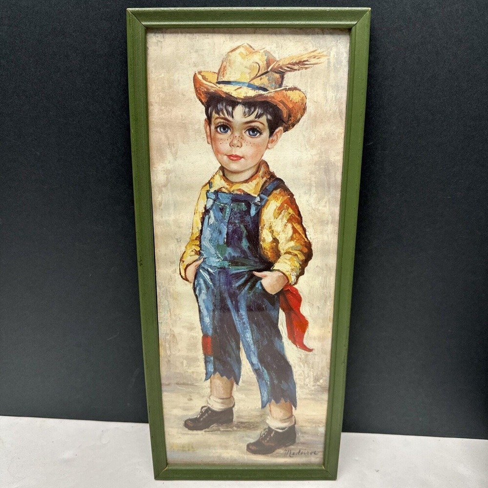 Vintage 1960's M.Medeiros Big Eyed Boy Farmer Print Framed 15.5" X 6.75"